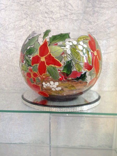 red ponsietta design christmas globe candle holder